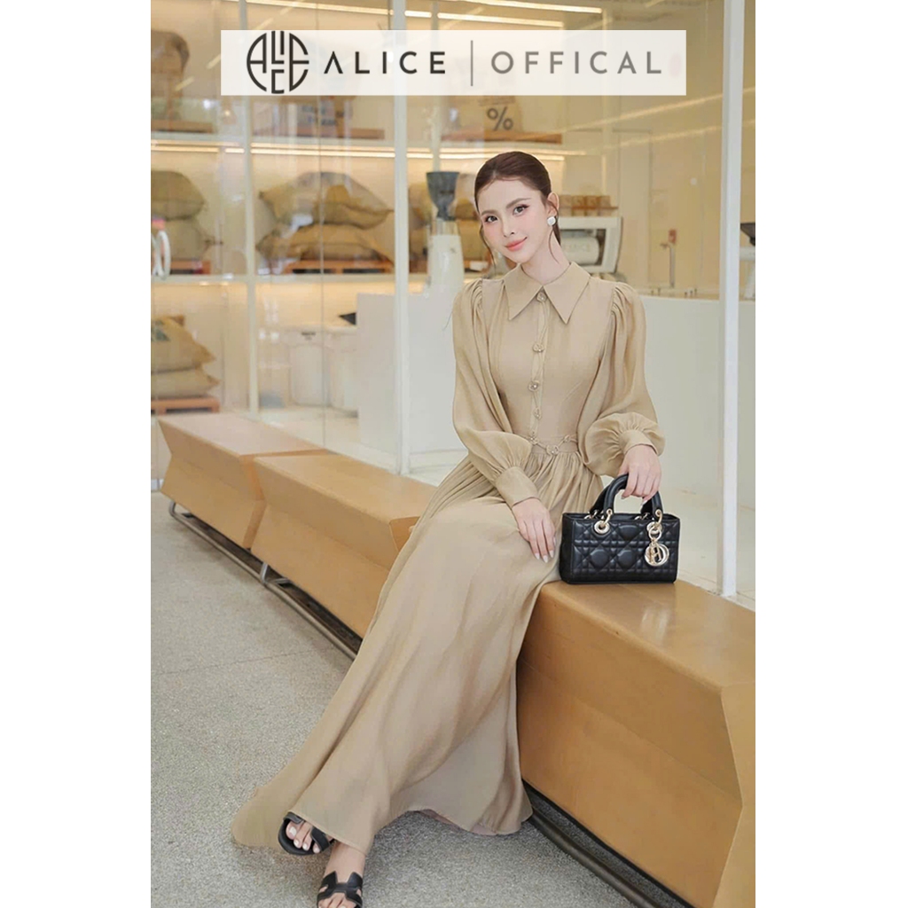 Váy Đầm Cao Cấp Alice Chất Tơ Óng Cổ Bẻ, Tay Bồng Dài Dáng Váy Maxi Ôm Eo Tôn Dáng Phù Hợp Đi Tiệc, Sự Kiện V1394