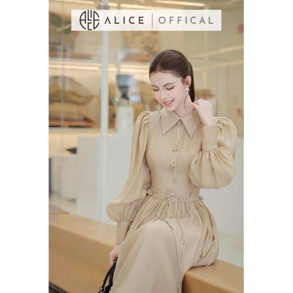 Váy Đầm Cao Cấp Alice Chất Tơ Óng Cổ Bẻ, Tay Bồng Dài Dáng Váy Maxi Ôm Eo Tôn Dáng Phù Hợp Đi Tiệc, Sự Kiện V1394