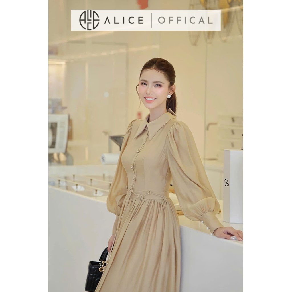 Váy Đầm Cao Cấp Alice Chất Tơ Óng Cổ Bẻ, Tay Bồng Dài Dáng Váy Maxi Ôm Eo Tôn Dáng Phù Hợp Đi Tiệc, Sự Kiện V1394