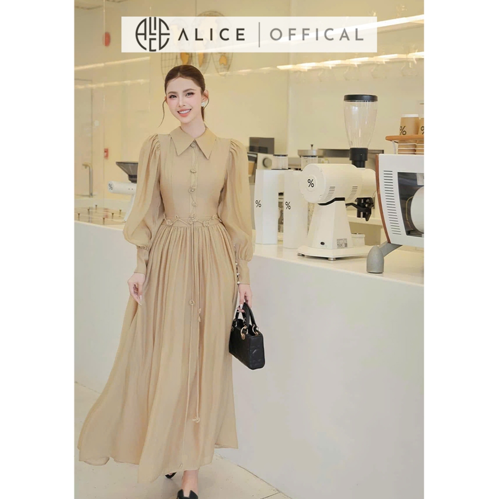 Váy Đầm Cao Cấp Alice Chất Tơ Óng Cổ Bẻ, Tay Bồng Dài Dáng Váy Maxi Ôm Eo Tôn Dáng Phù Hợp Đi Tiệc, Sự Kiện V1394