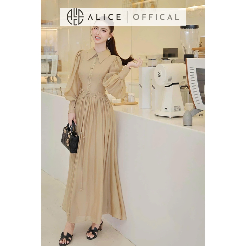 Váy Đầm Cao Cấp Alice Chất Tơ Óng Cổ Bẻ, Tay Bồng Dài Dáng Váy Maxi Ôm Eo Tôn Dáng Phù Hợp Đi Tiệc, Sự Kiện V1394
