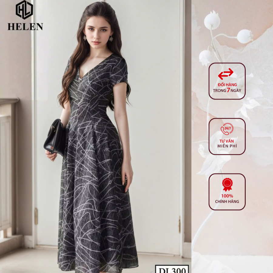 Đầm công sở HELEN thiết kế dáng xòe cổ V đen họa tiết trắng DL300
