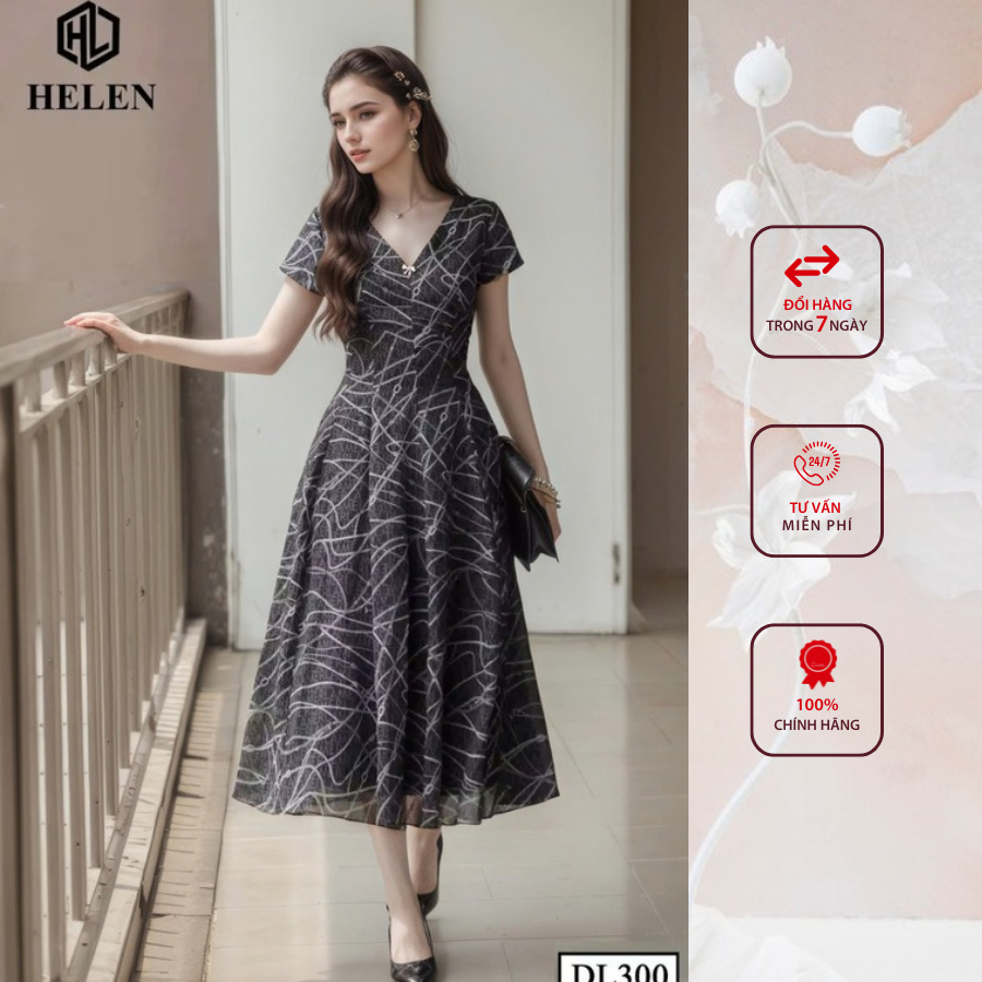 Đầm công sở HELEN thiết kế dáng xòe cổ V đen họa tiết trắng DL300