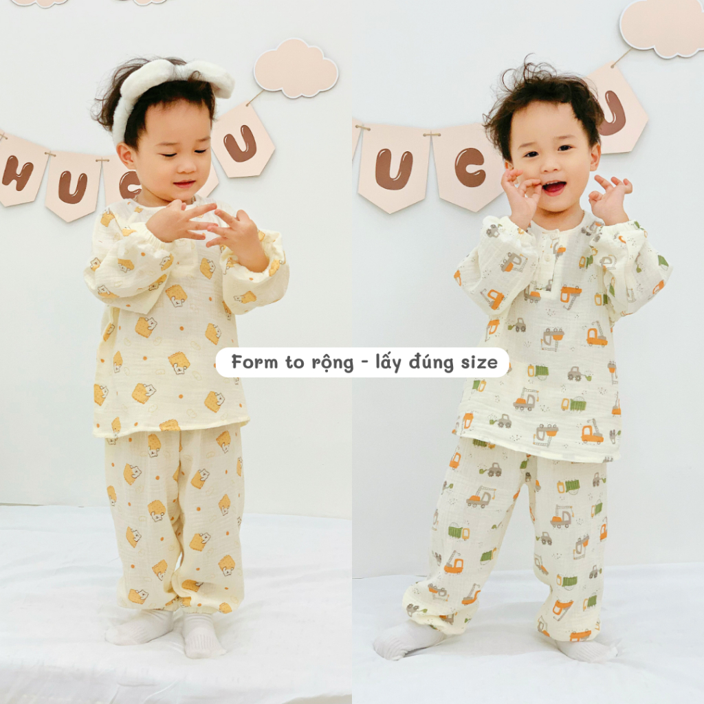 Đồ ngủ trẻ em 7–24kg | Bộ dài tay form rộng, vải Xô Muslin thoáng mát, thấm hút mồ hôi