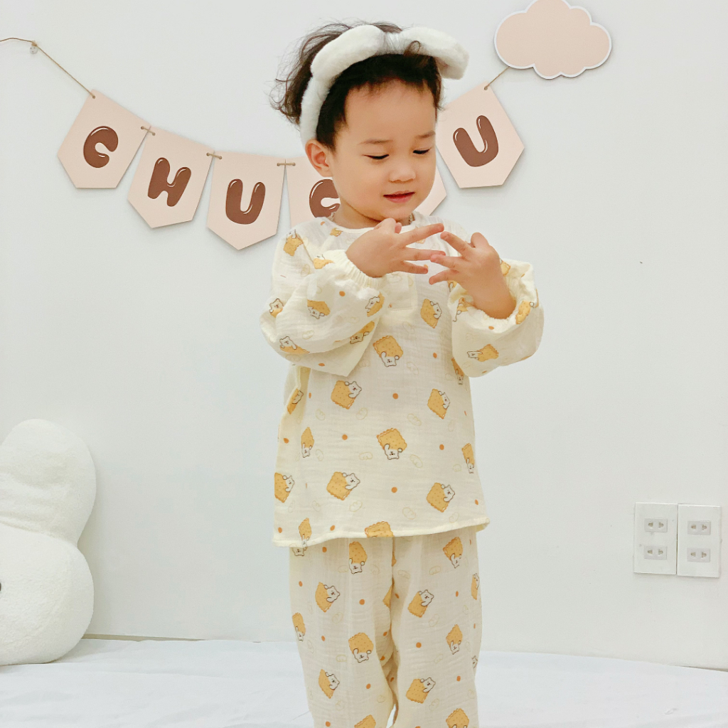 Đồ ngủ trẻ em 7–24kg | Bộ dài tay form rộng, vải Xô Muslin thoáng mát, thấm hút mồ hôi
