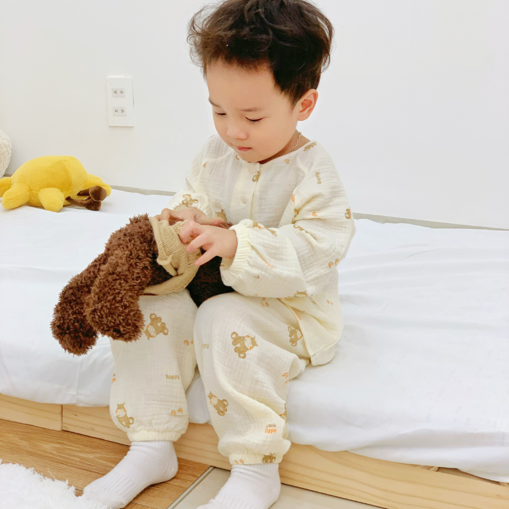 Đồ ngủ trẻ em 7–24kg | Bộ dài tay form rộng, vải Xô Muslin thoáng mát, thấm hút mồ hôi