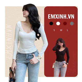 Áo thun dài tay nữ cổ tim khoét sâu dáng ôm body chất thun co giãn tôn vòng một, phong cách sexy Hàn Quốc A06