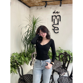 Áo thun dài tay nữ cổ tim khoét sâu dáng ôm body chất thun co giãn tôn vòng một, phong cách sexy Hàn Quốc A06