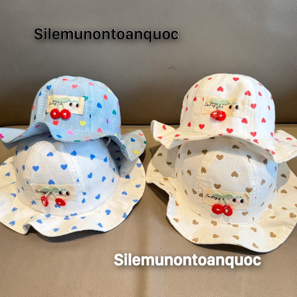 Mũ bucket trái cherry cho bé 1-3 tuổi - nón vành lượn hoạ tiết tim phối dây đeo cho bé