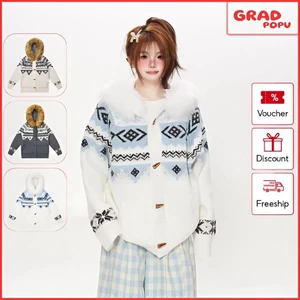 Áo khoác len GRADPOPU có mũ trùm đầu cổ lông có thể tháo rời rộng rãi thoải mái dành cho nữ AK644