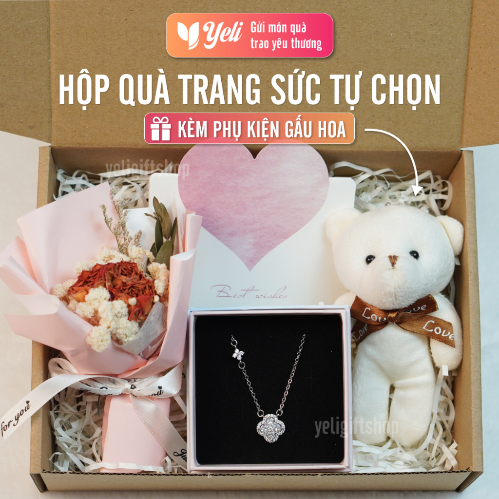 Hộp quà trang sức dây chuyền, vòng tay tự chọn kèm gấu, hoa, phụ kiện cho người yêu, bạn gái, Set quà dây chuyền