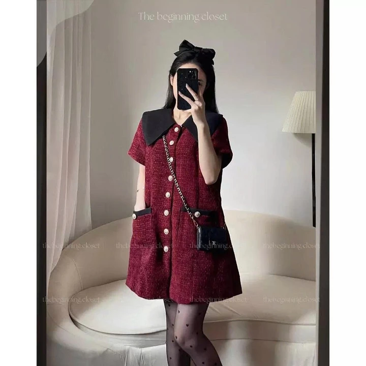 Váy bầu dự tiệc, đầm bầu thu đông dáng babydoll cổ bèo điệu đà, váy dạ chân váy xếp ly xinh xắn, lên dáng xinh