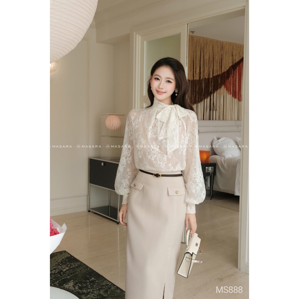 Set áo ren cột nơ cổ phối chân váy bút chì xẻ tà, phong cách thanh lịch sang trọng MS888