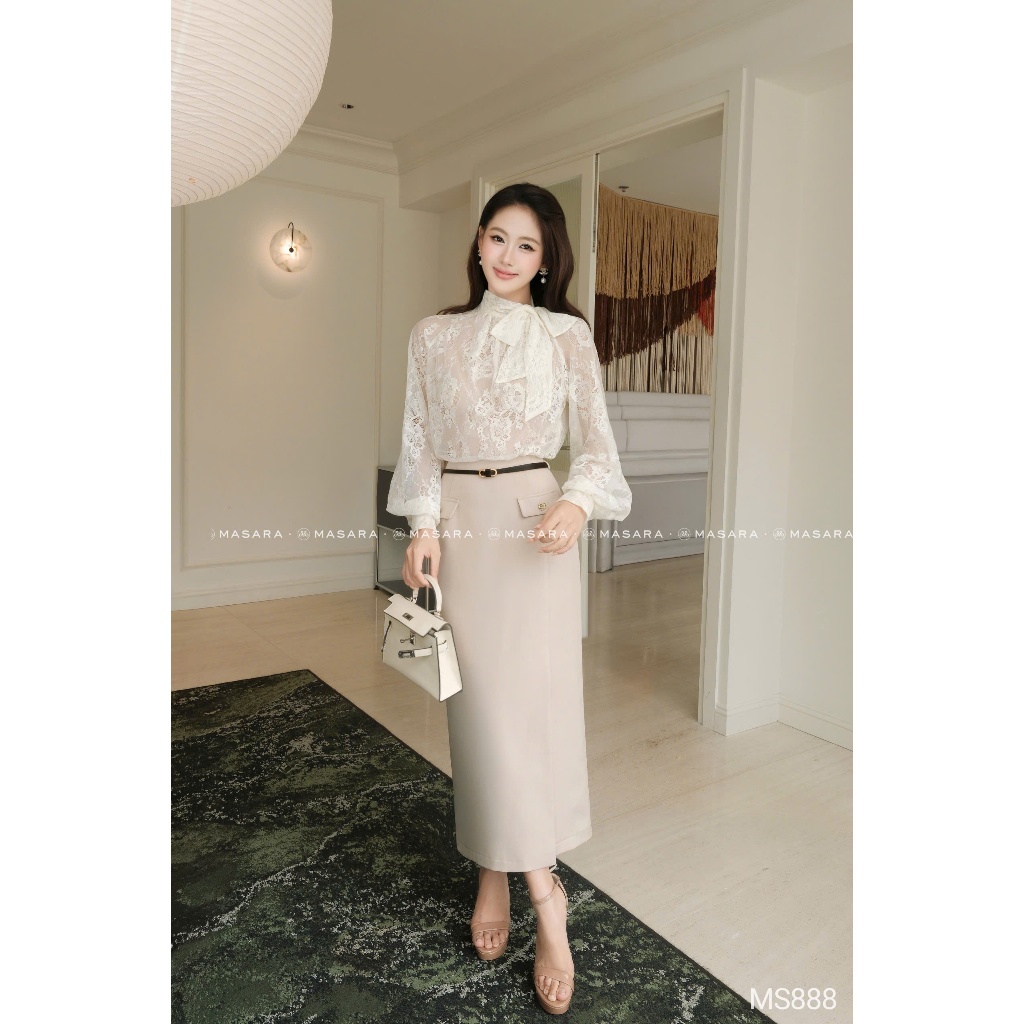 Set áo ren cột nơ cổ phối chân váy bút chì xẻ tà, phong cách thanh lịch sang trọng MS888