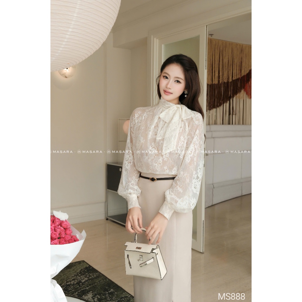 Set áo ren cột nơ cổ phối chân váy bút chì xẻ tà, phong cách thanh lịch sang trọng MS888