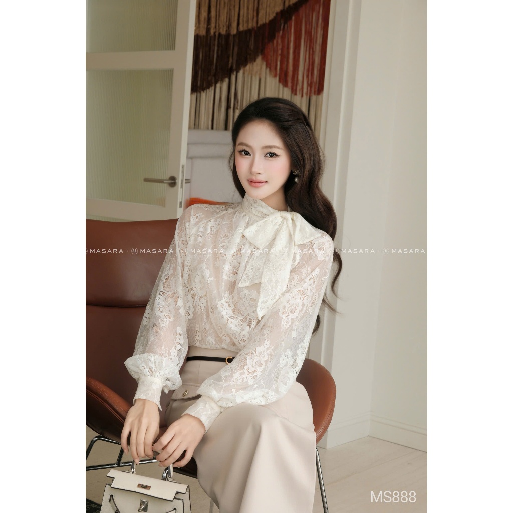 Set áo ren cột nơ cổ phối chân váy bút chì xẻ tà, phong cách thanh lịch sang trọng MS888