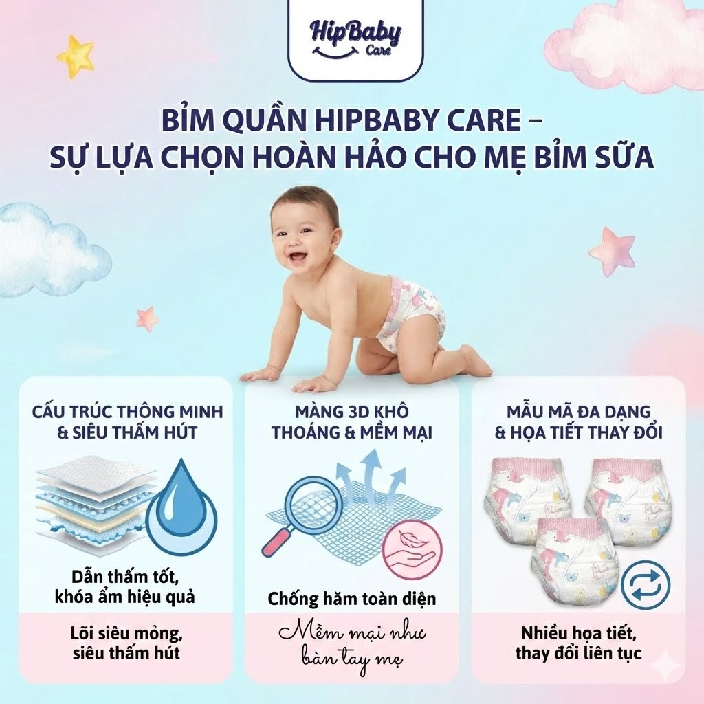 [150 miếng] HipBaby Care Tã bỉm quần cho bé Size M/L/XL2XL/3XL - Siêu thấm hút khô thoáng