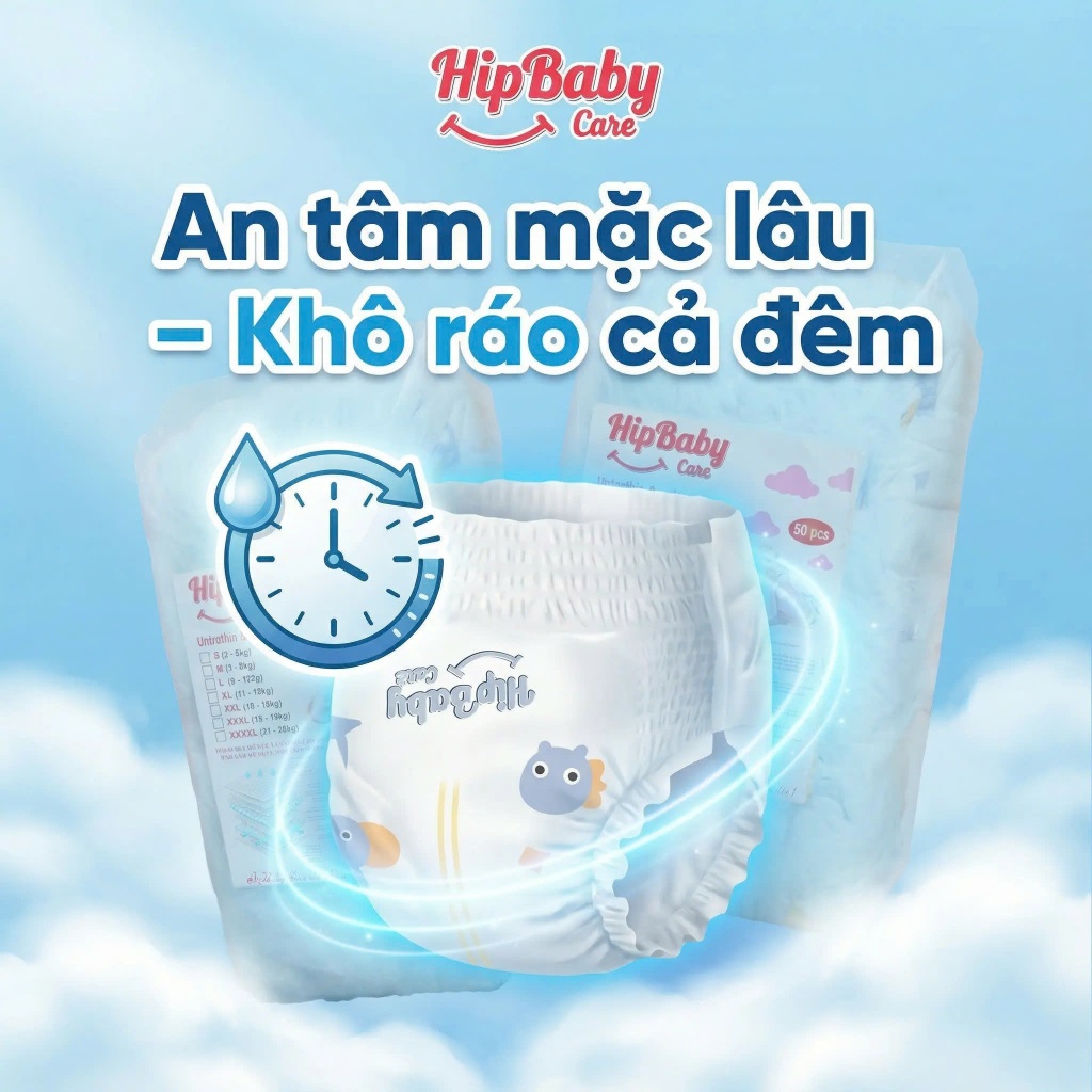 [150 miếng] HipBaby Care Tã bỉm quần cho bé Size M/L/XL2XL/3XL - Siêu thấm hút khô thoáng