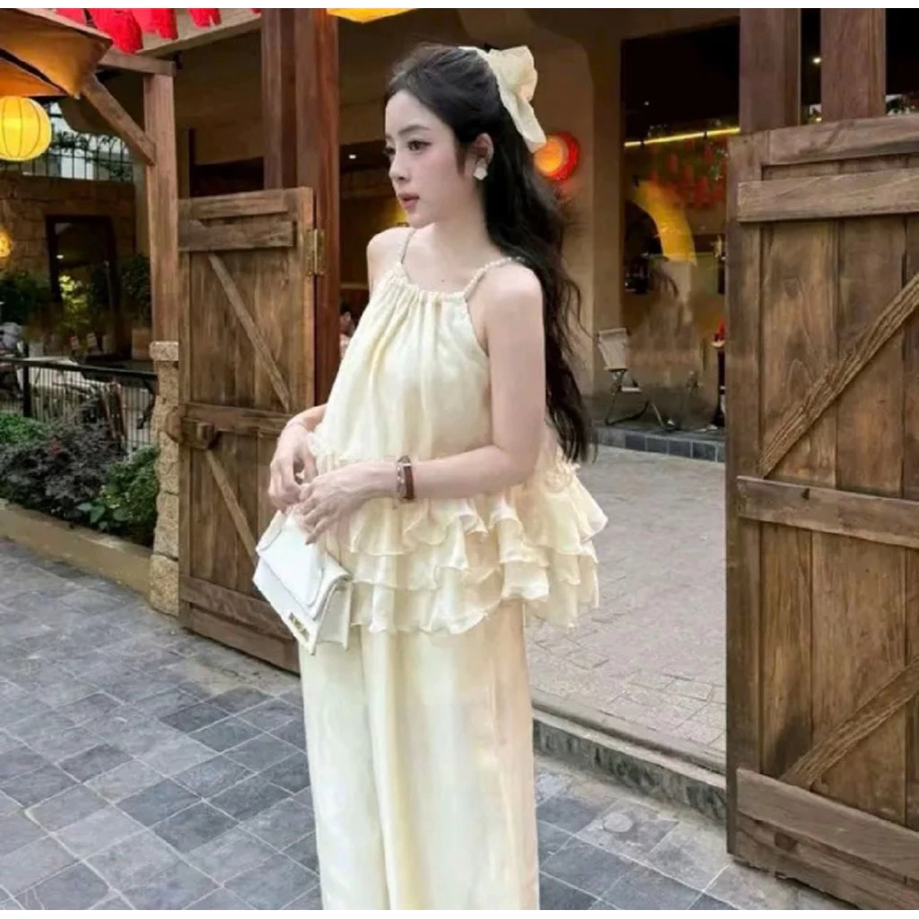 Set áo bèo tầng cổ phối đá sang chảnh, bộ nữ đi tiệc nữ tính