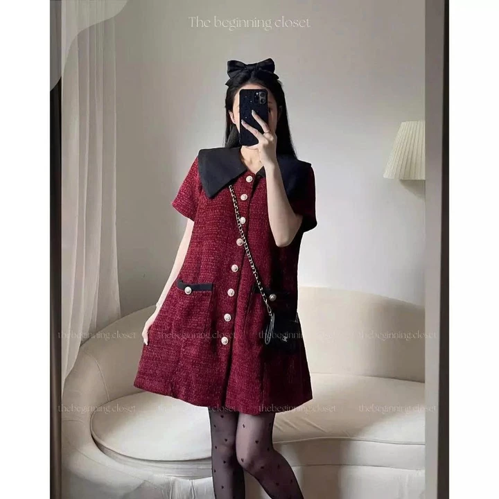 Váy bầu dự tiệc, đầm bầu thu đông dáng babydoll cổ bèo điệu đà, váy dạ chân váy xếp ly xinh xắn, lên dáng xinh