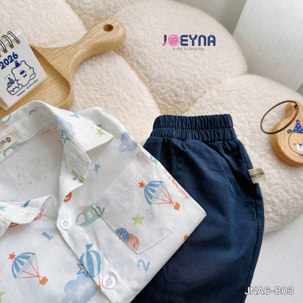 Bộ sơ mi Joeyna B03 họa tiết khinh khí cầu cho bé 8-23kg