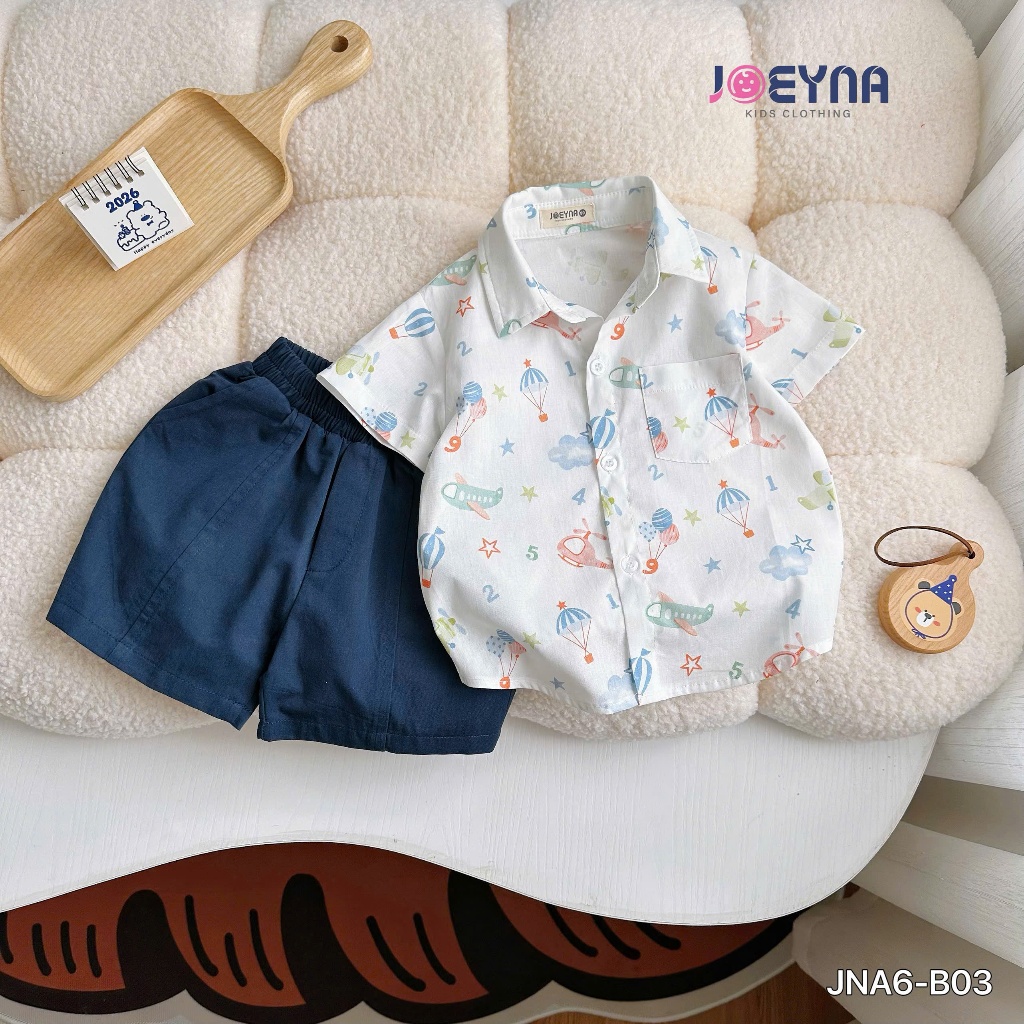 Bộ sơ mi Joeyna B03 họa tiết khinh khí cầu cho bé 8-23kg