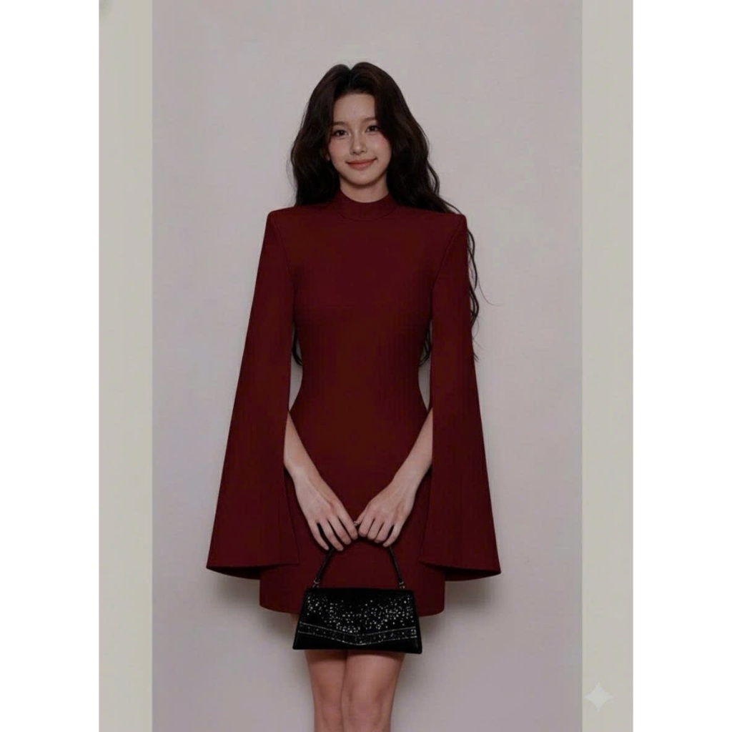 CC] S551 Đầm Đỏ Cashmere Cao Cấp Thiết Kế Tay Choàng Sang Trọng - Váy Dự Tiệc Cổ Cao Quyến Rũ Đẳng Cấp