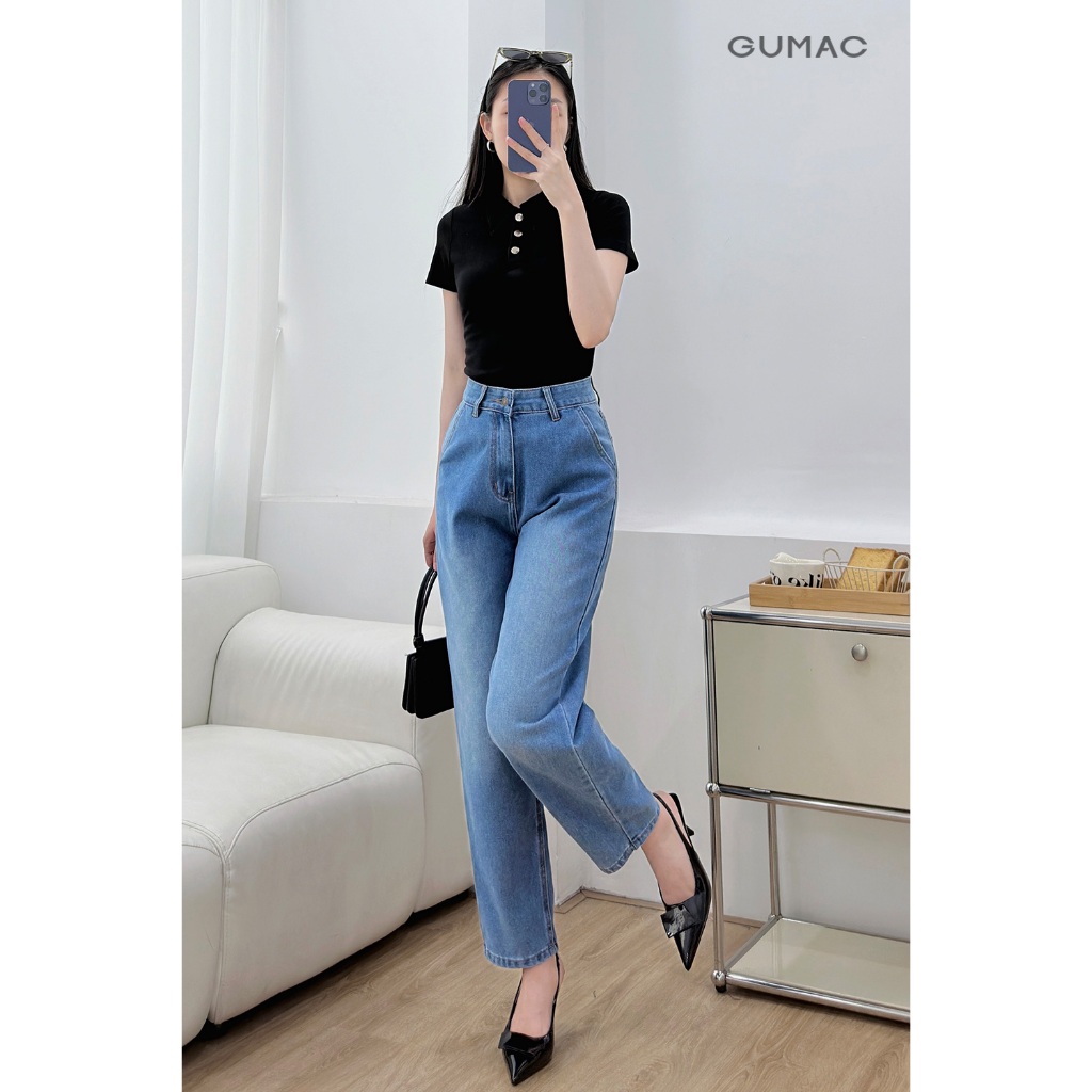 Quần jeans nữ GUMAC kiểu cơ bản form baggy wash xanh nhạt vải mềm đứng form  QJF04032