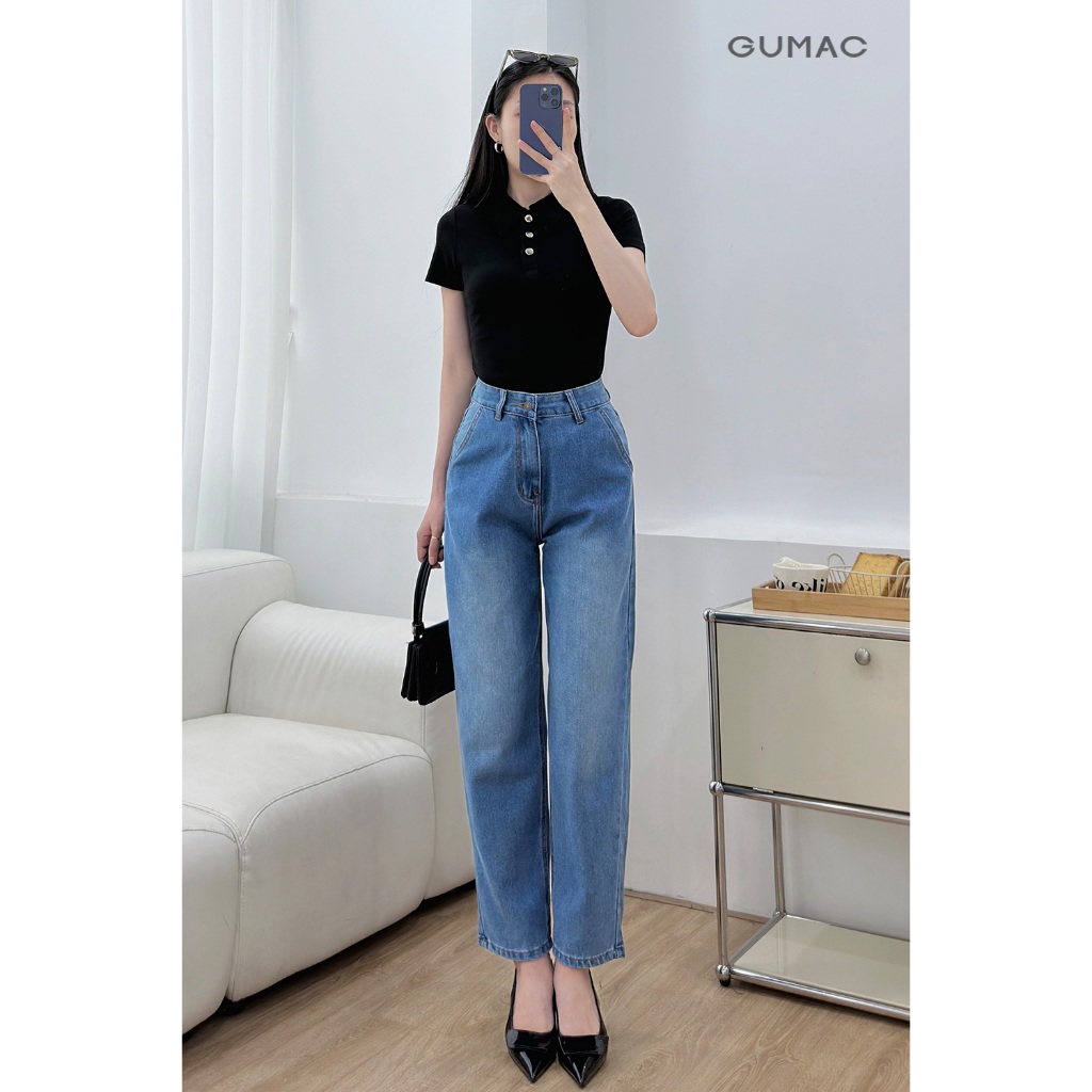 Quần jeans nữ GUMAC kiểu cơ bản form baggy wash xanh nhạt vải mềm đứng form  QJF04032