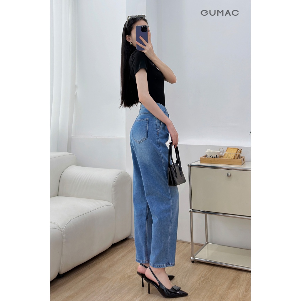Quần jeans nữ GUMAC kiểu cơ bản form baggy wash xanh nhạt vải mềm đứng form  QJF04032