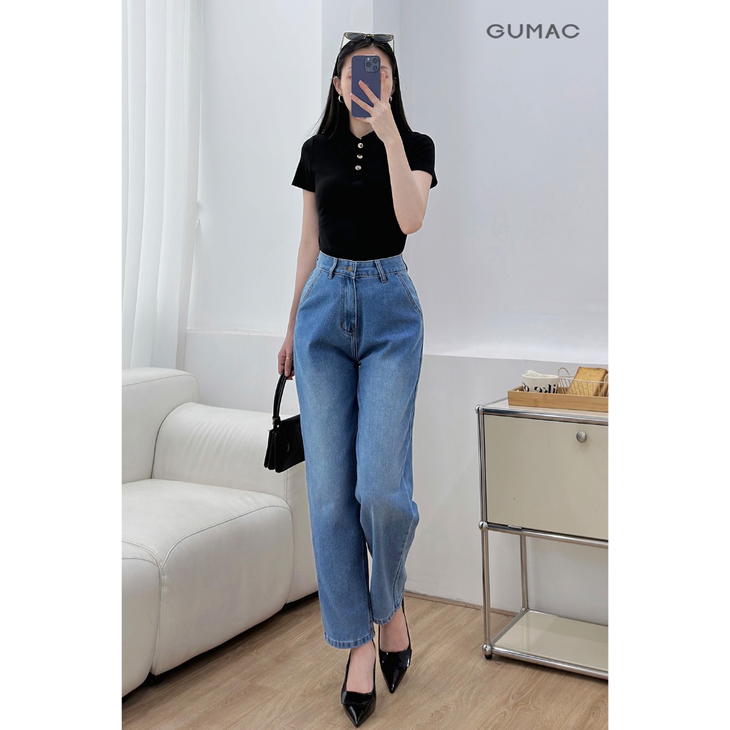 Quần jeans nữ GUMAC kiểu cơ bản form baggy wash xanh nhạt vải mềm đứng form  QJF04032