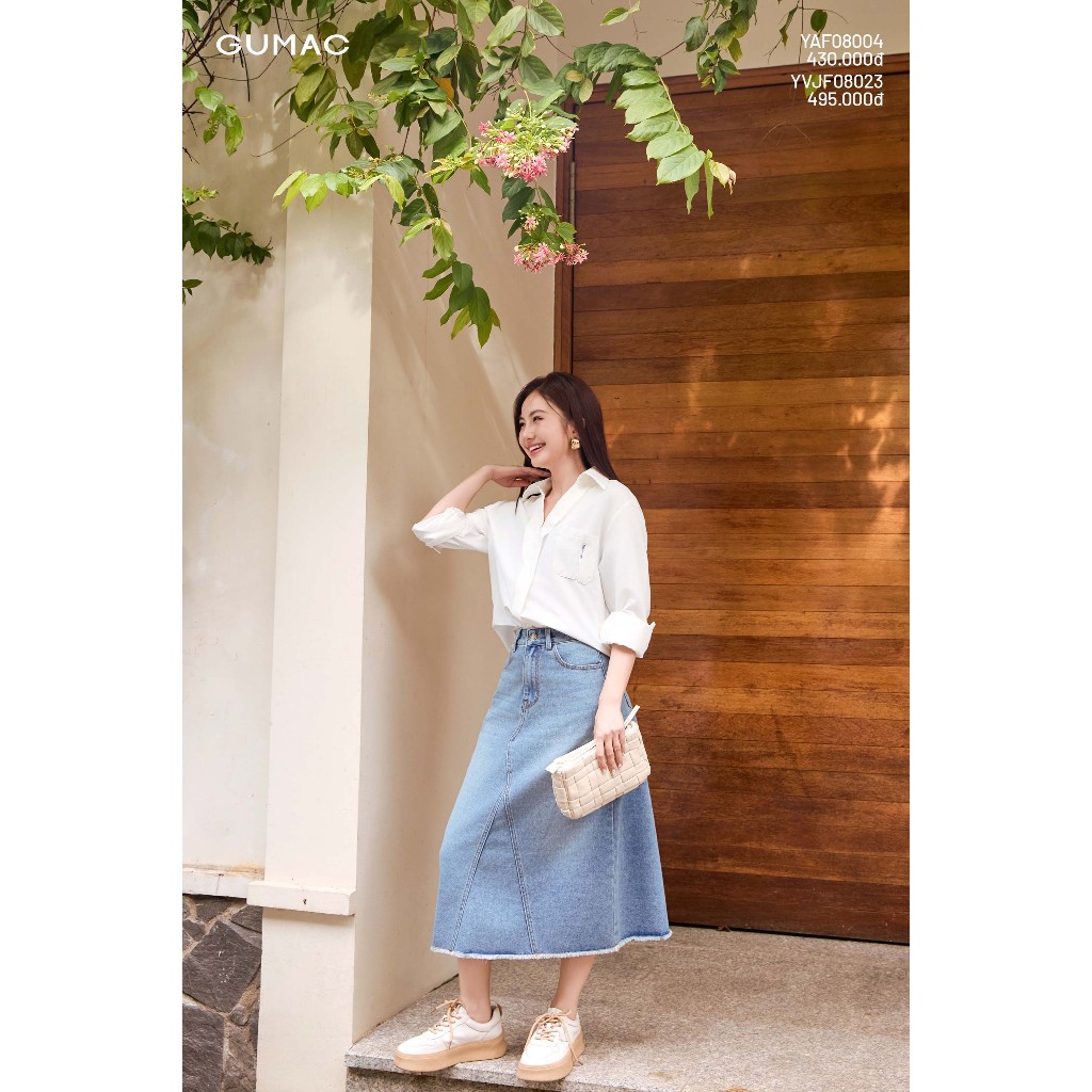 Áo Sơ Mi Nữ Tay Dài GUMAC - GMORNING Form Suông Cổ Tim Xẻ V Có Túi Phía Trước YAF12091