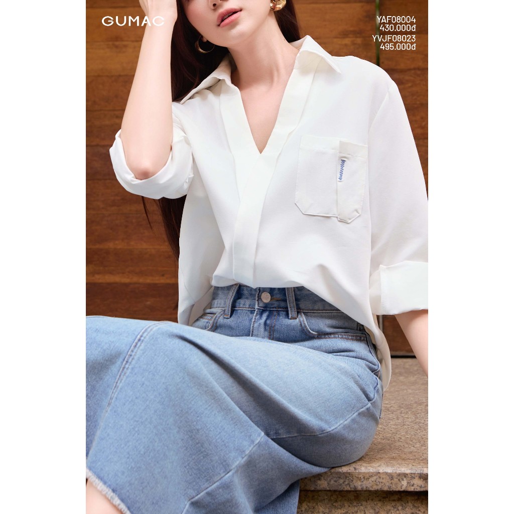 Áo Sơ Mi Nữ Tay Dài GUMAC - GMORNING Form Suông Cổ Tim Xẻ V Có Túi Phía Trước YAF12091