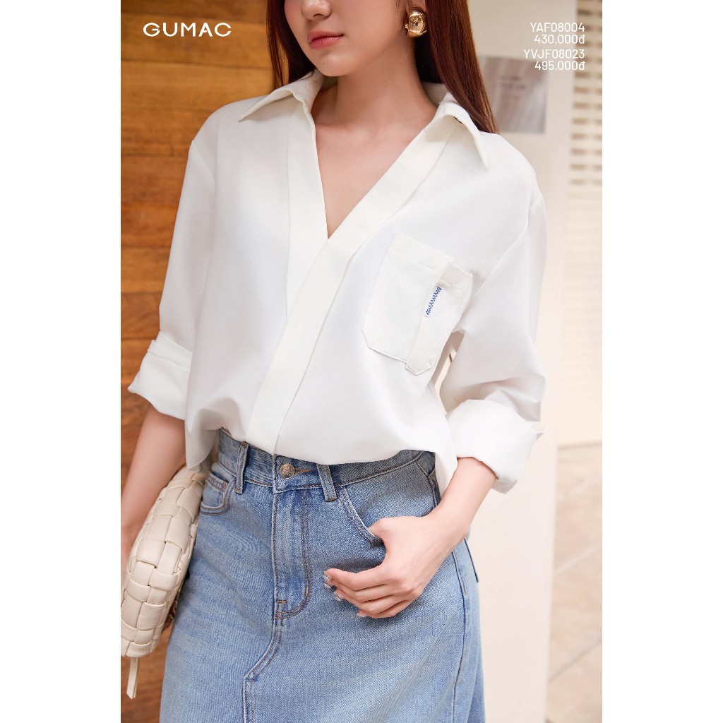 Áo Sơ Mi Nữ Tay Dài GUMAC - GMORNING Form Suông Cổ Tim Xẻ V Có Túi Phía Trước YAF12091