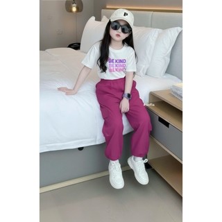 [B&G] Sét bộ quần dài kaki tím hồng kèm áo thun cotton chữ cho bé gái từ 10-45kg(2-12 tuổi)