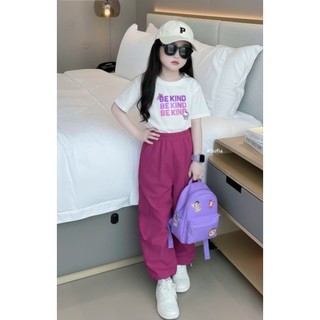 [B&G] Sét bộ quần dài kaki tím hồng kèm áo thun cotton chữ cho bé gái từ 10-45kg(2-12 tuổi)
