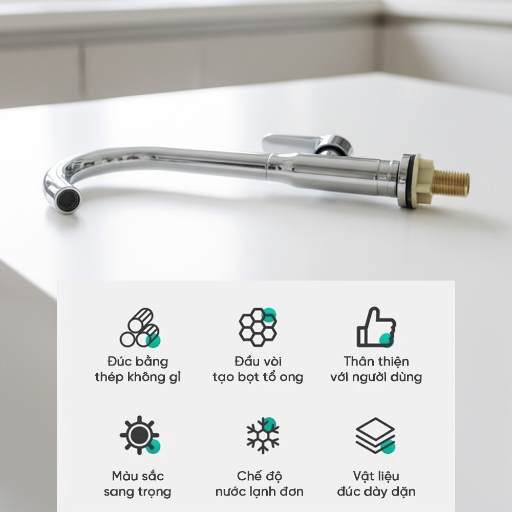 Vòi rửa bát lạnh inox 304 cao cấp, vòi nước rửa chén đầu xoay, tiện dụng, chống gỉ sét, CCDG-094D