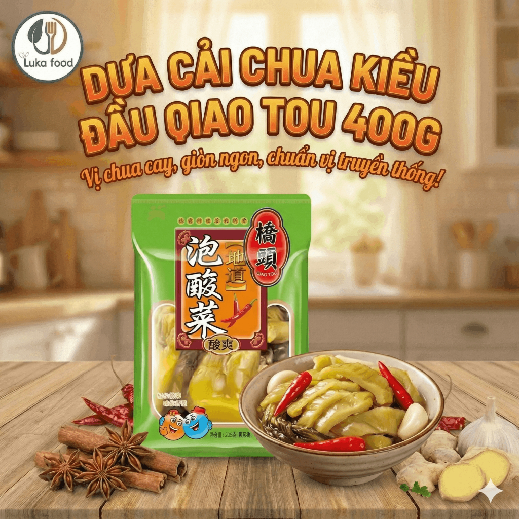 Dưa Cải Chua Kiều Đầu Qiao Tou 400g - Giòn Sần Sật Chuyên Nấu Canh Cá, Lẩu Cá Dưa Chua Tứ Xuyên Giòn Ngon Luka Food