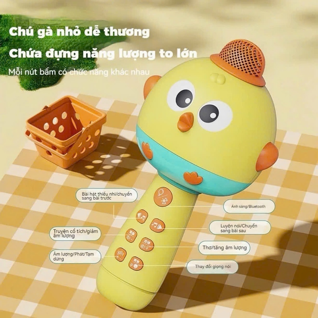 Đồ chơi Micro hát Karaoke không dây gà vàng phiên bản tiếng việt, kết nối bluetooth đổi giọng phát nhạc kể chuyện cho bé