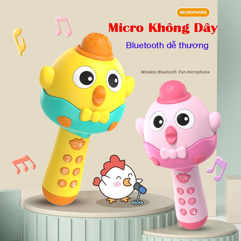 Đồ chơi Micro hát Karaoke không dây gà vàng phiên bản tiếng việt, kết nối bluetooth đổi giọng phát nhạc kể chuyện cho bé