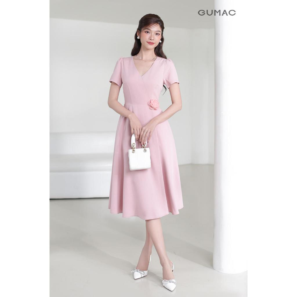 Đầm Nữ Dáng A Xòe GUMAC Cổ Tim Đắp Chéo Đính Hoa Trang Trí Eo Chất Linen Bố Đứng Form DE03017