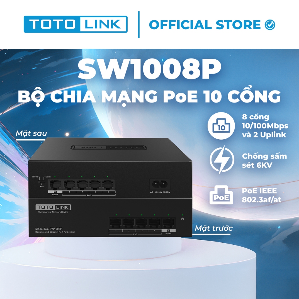 [Hoả Tốc] Bộ chia mạng Switch PoE 8 cổng 10/100Mpbs & 2 cổng UPLINK TOTOLINK SW1008P cho PC Laptop dễ sử dụng