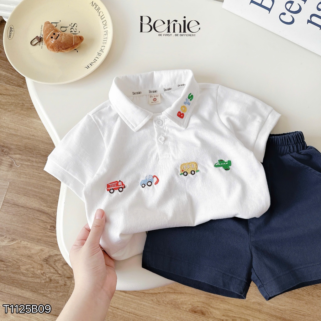 Bộ polo xe sắc màu áo cotton quần kaki mềm bé trai, bộ polo cộc tay thêu cá tính T1125b09