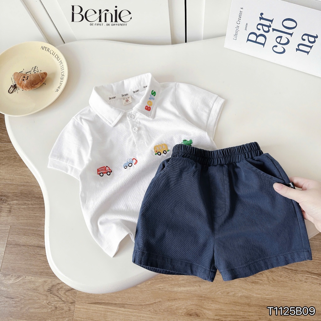 Bộ polo xe sắc màu áo cotton quần kaki mềm bé trai, bộ polo cộc tay thêu cá tính T1125b09