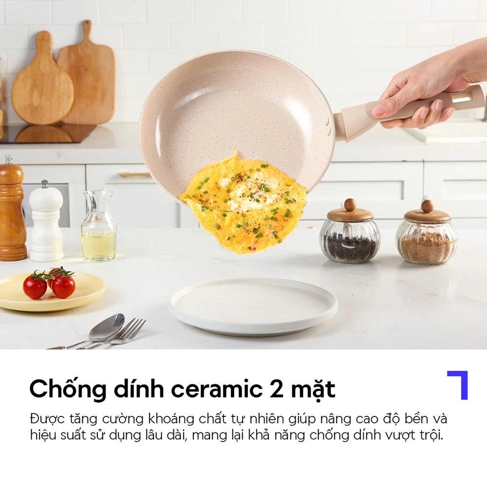 Chảo nhôm chống dính LocknLock Marble Ceramic IH CAW - CAF Nhiều Size, Phủ Ceramic, Dùng Được Bếp Từ, Màu Be - K-MALL