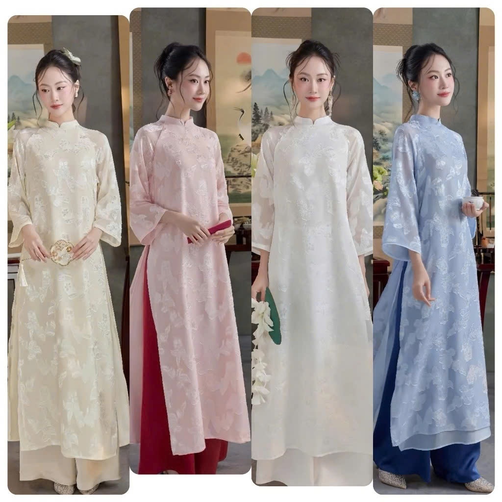 Áo Dài Lụa Hoa Nổi 4 tà Dáng Suông Thanh Lịch Nền Nã Thiết Kế Tinh Tế, Sang Nhẹ  diện Tết, đi chơi, chụp ảnh  T1511