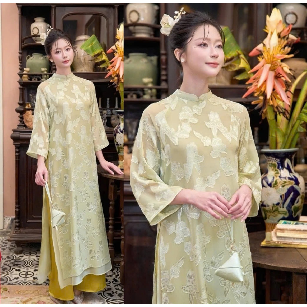 Áo Dài Lụa Hoa Nổi 4 tà Dáng Suông Thanh Lịch Nền Nã Thiết Kế Tinh Tế, Sang Nhẹ  diện Tết, đi chơi, chụp ảnh  T1511