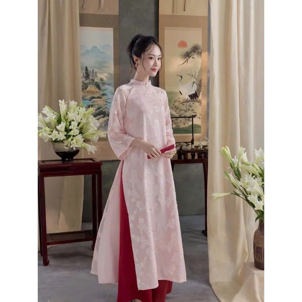 Áo Dài Lụa Hoa Nổi 4 tà Dáng Suông Thanh Lịch Nền Nã Thiết Kế Tinh Tế, Sang Nhẹ  diện Tết, đi chơi, chụp ảnh  T1511