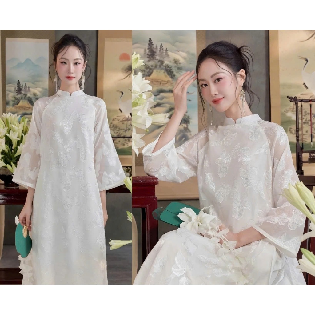 Áo Dài Lụa Hoa Nổi 4 tà Dáng Suông Thanh Lịch Nền Nã Thiết Kế Tinh Tế, Sang Nhẹ  diện Tết, đi chơi, chụp ảnh  T1511
