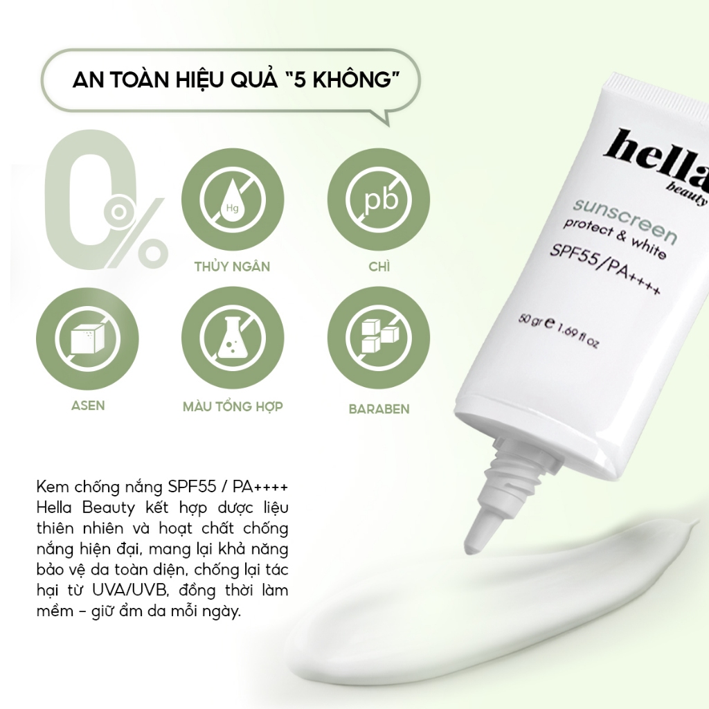 Kem chống nắng SPF55 / PA++++ Hella Beauty bảo vệ tối ưu nâng tone nhẹ nhàng giữ ẩm cho da